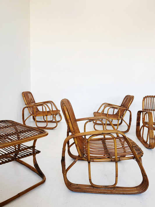 Salottino in rattan originale anni ’60 – 4 poltroncine + tavolino