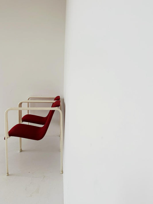 Pair of red fabric small armchairs