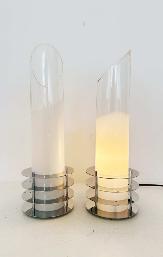 Pair of lamps with chromed metal structure and shaded glass 1980