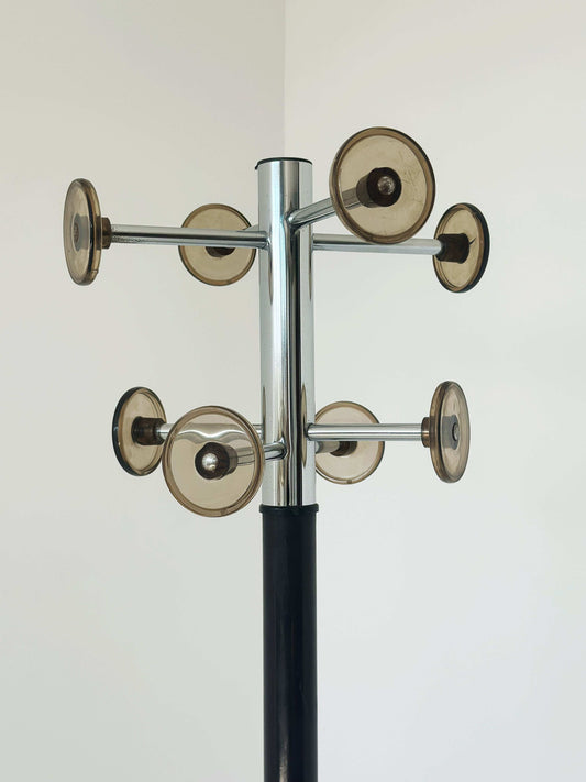 Coat hanger in chromed metal and smoked plastic discs 1970