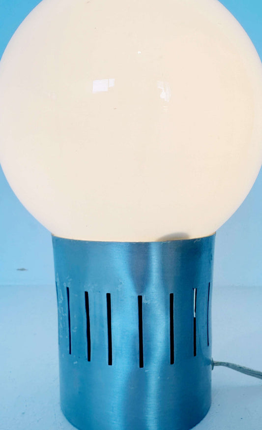 Pair of lamps in satin aluminum and opal glass globe 1970s