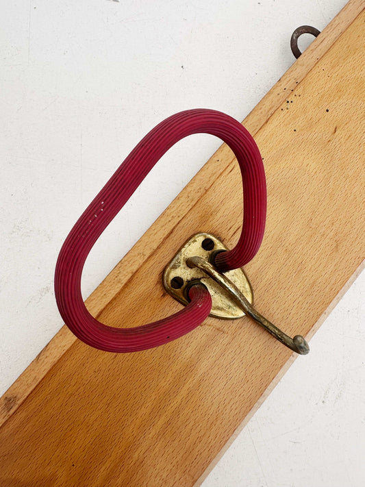 Wall mounted coat rack with hooks equipped with colored rubber rings