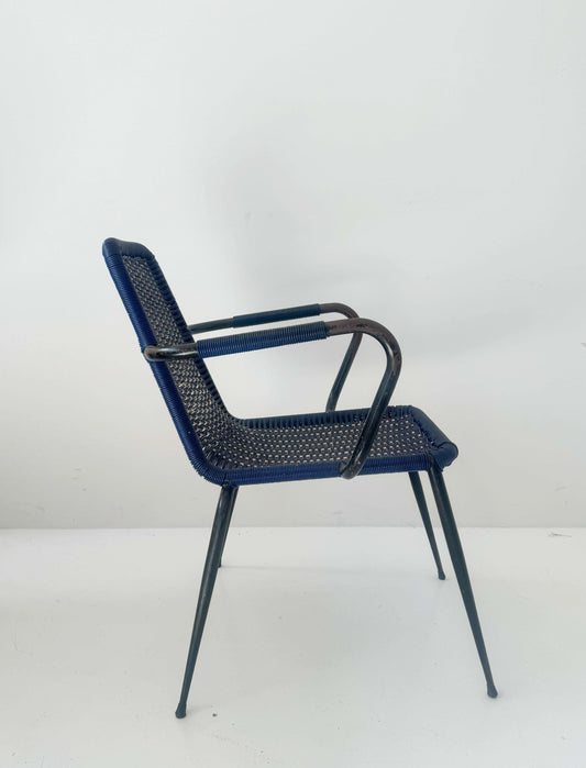 Blue woven chair with armrests