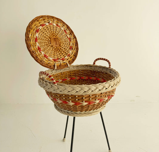 Vintage Corded Plastic Sewing Basket with Metal Frame
