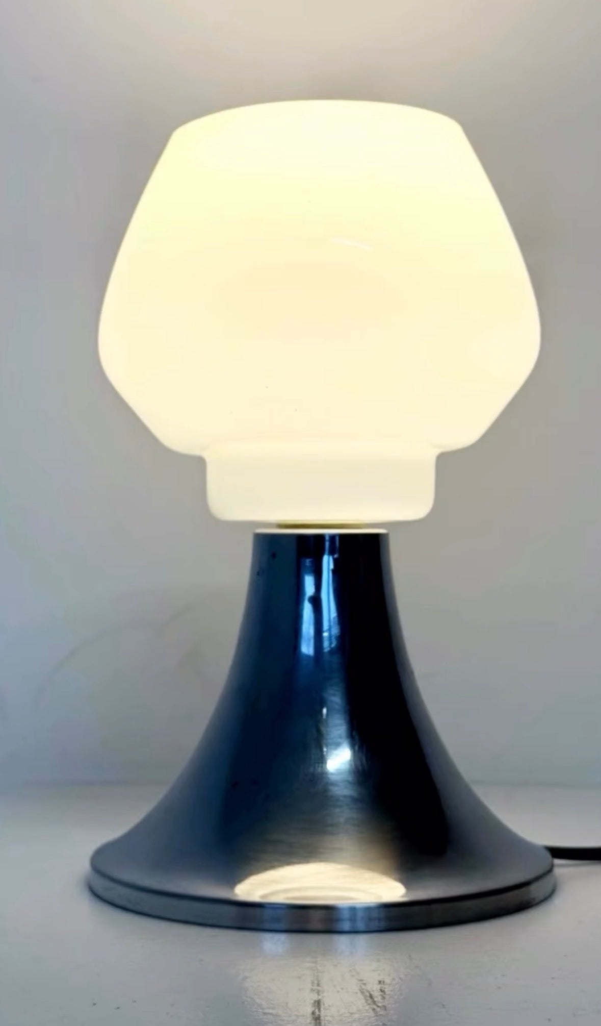 Vintage Table Lamp with Chromed Metal Conical Base and White Glass Diffuser