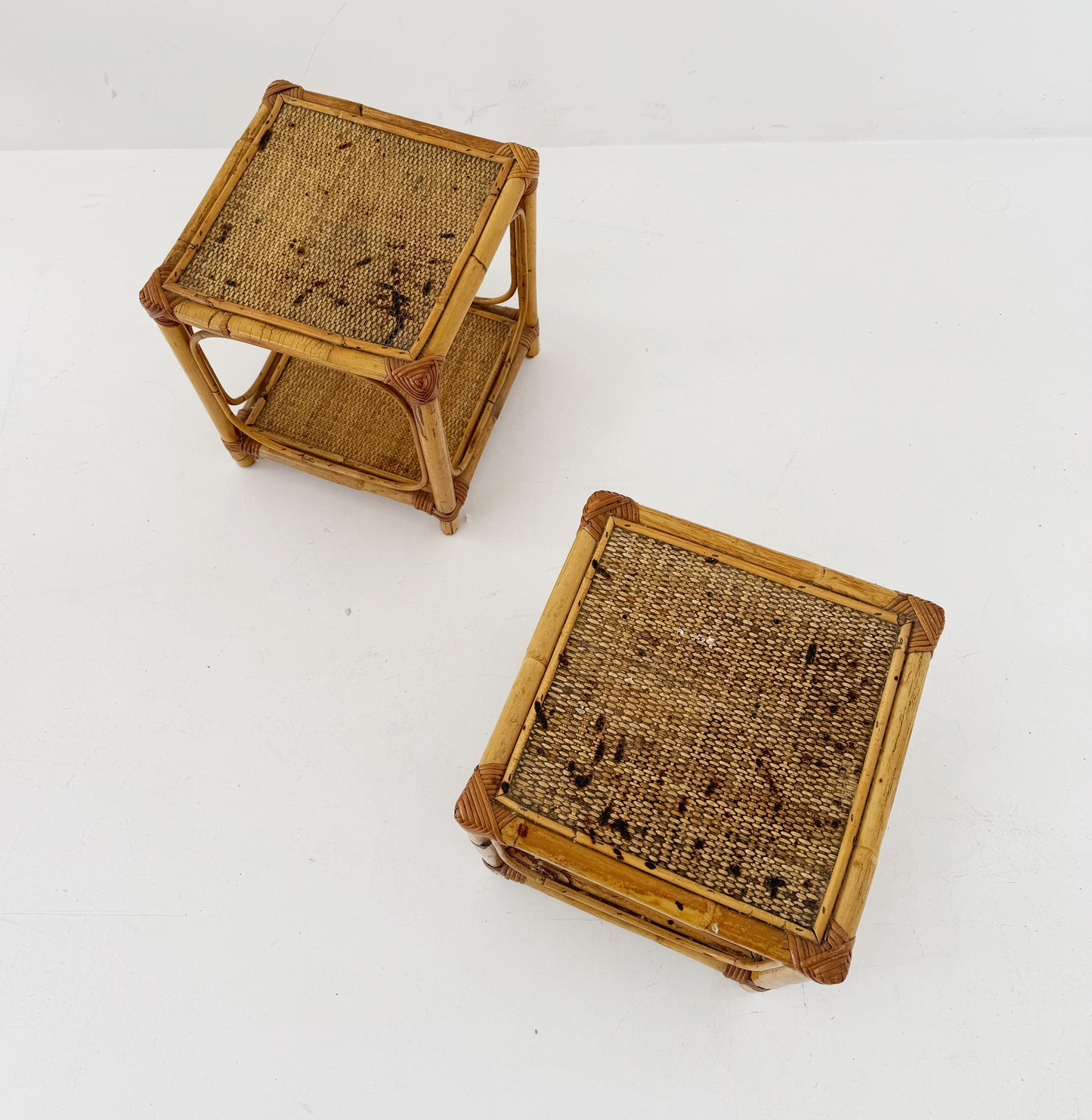 Pair of bamboo and natural woven bedside tables