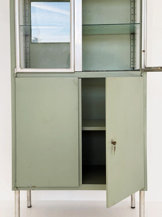 Sage green industrial display cabinet, 1950s