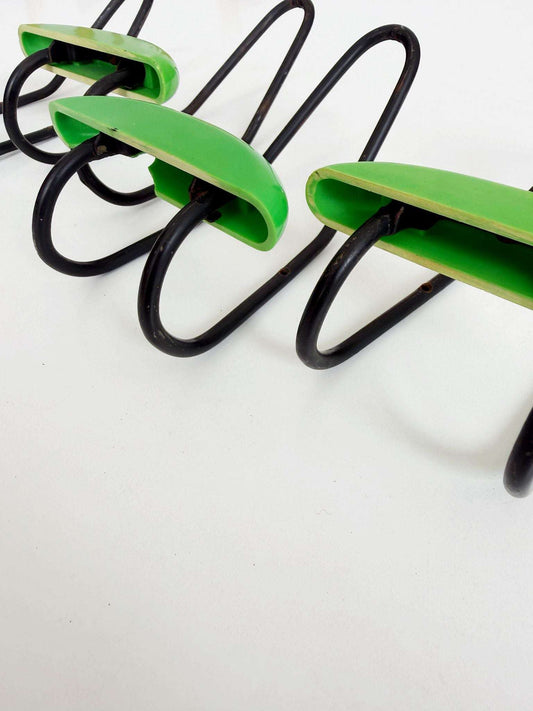 Modernist wall-mounted coat rack in metal and green ABS, 1970s