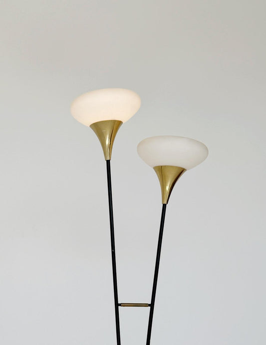 Lampada da terra vintage a due luci – Design anni '50 in ottone, vetro e marmo