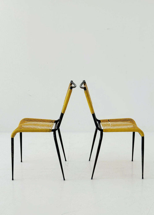 Pair of 1960s design chairs with metal frames and yellow woven detailing