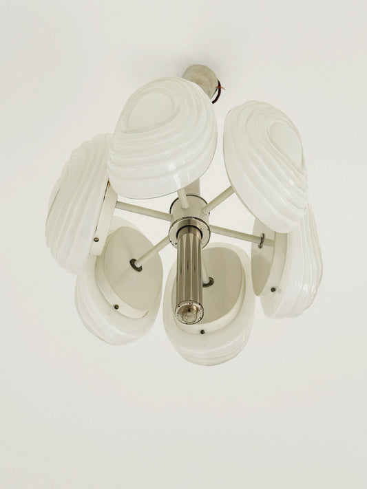 Lampada a sospensione a sei elementi in vetro opalino stampato – Italia, anni '70