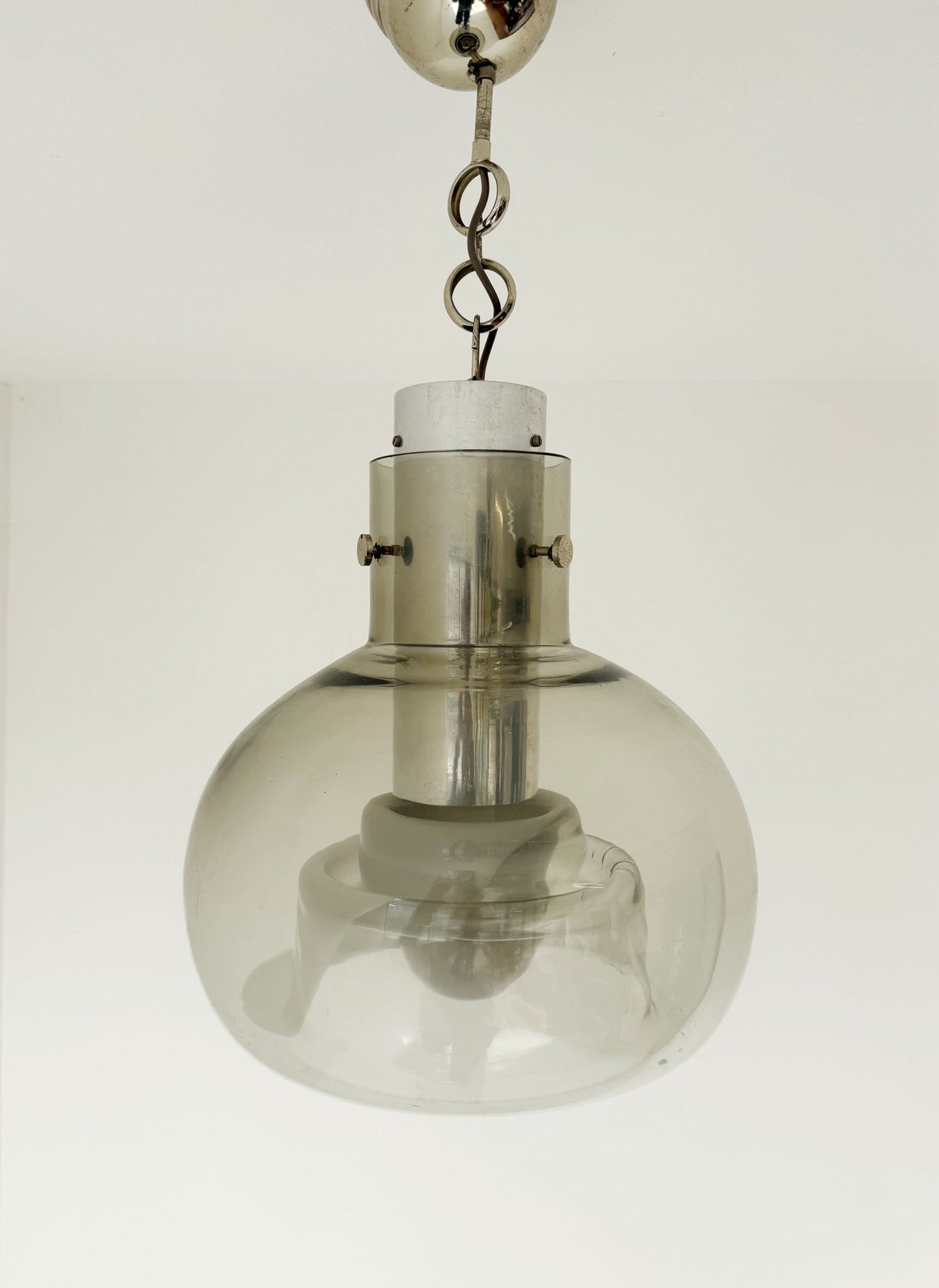 Smoked glass pendant lamp with internal opaline decoration – Italy, 1970s