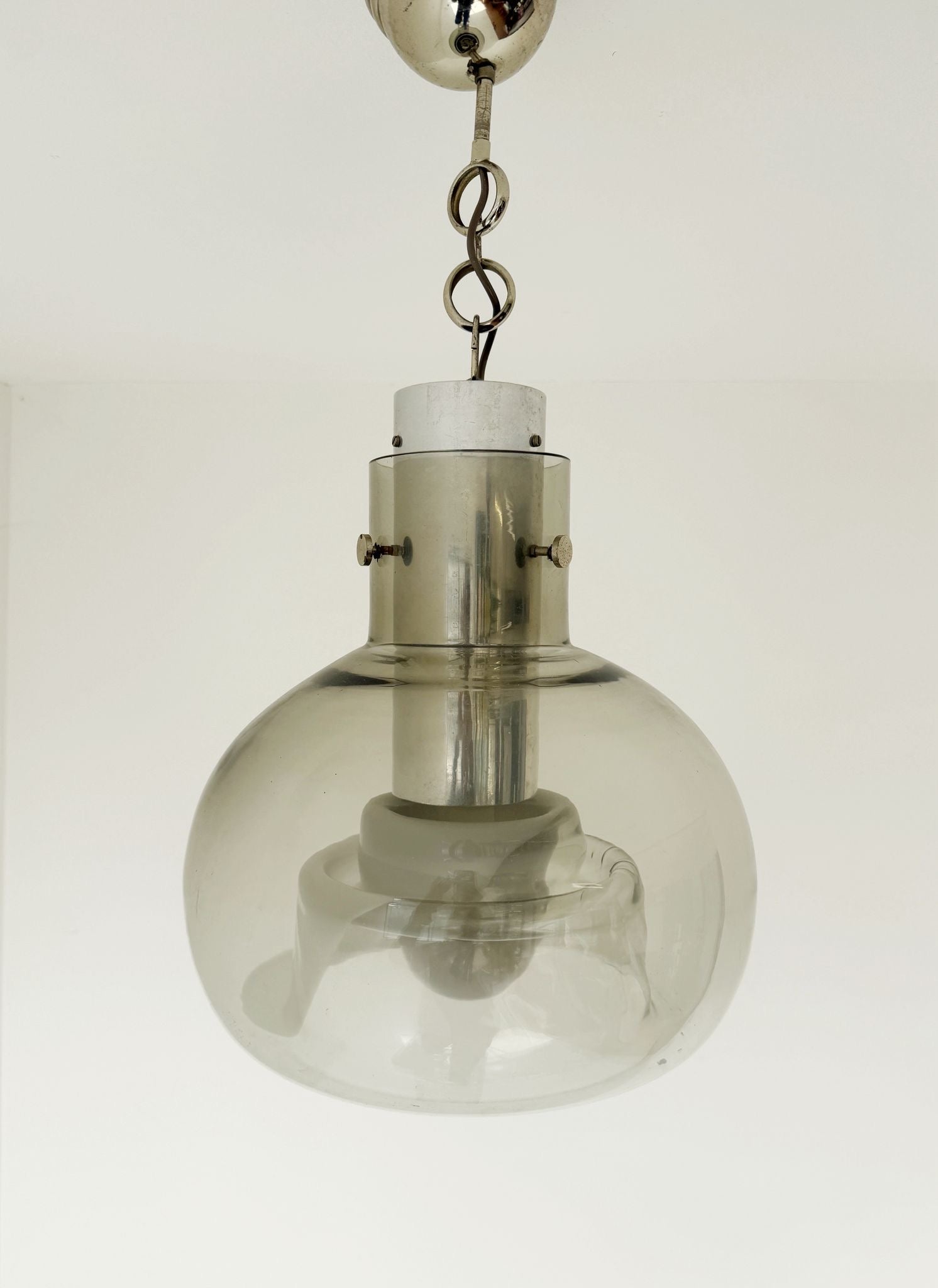 Smoked glass pendant lamp with internal opaline decoration – Italy, 1970s