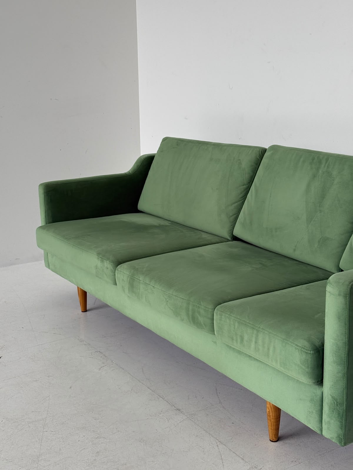 Sage Green Velvet Three-Seater Sofa – 1960s
