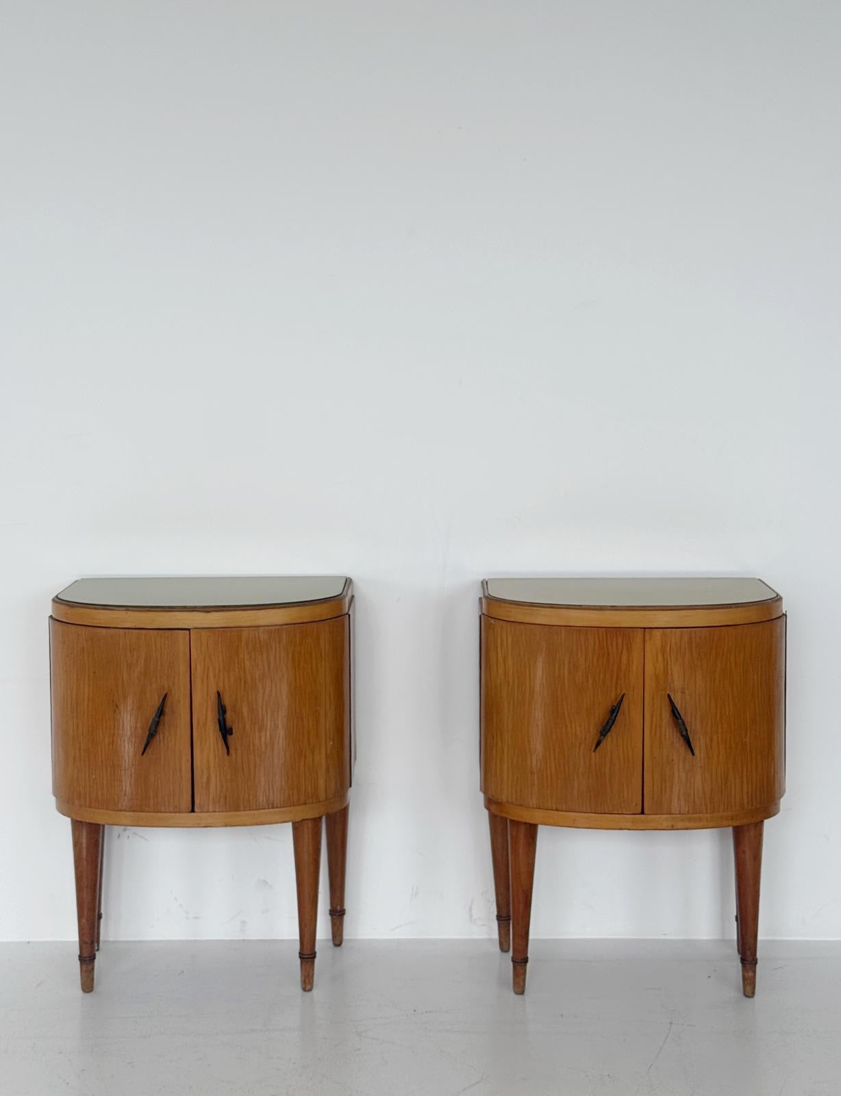 Pair of Curved Nightstands with Glass Tops – Italy, 1950s