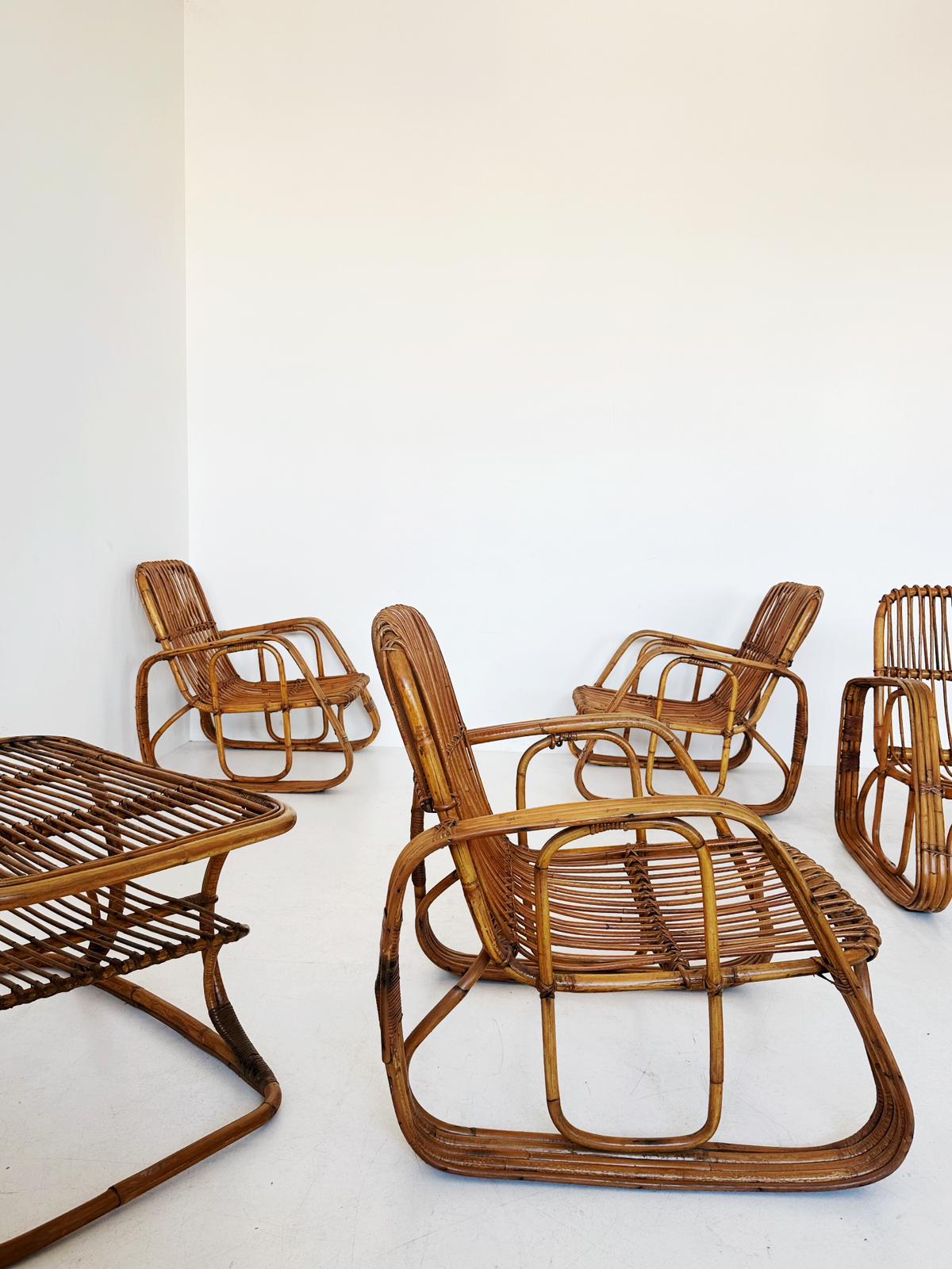 Original 60s rattan lounge set – 4 armchairs + coffee table