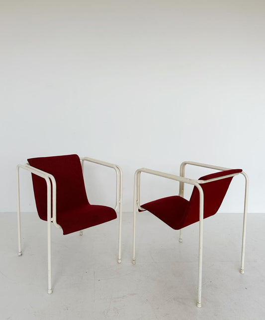 Pair of red fabric small armchairs