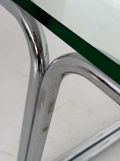 Rectangular coffee table in glass and chrome-plated steel, attributed to Gruppo DAM – Italy, 1970s