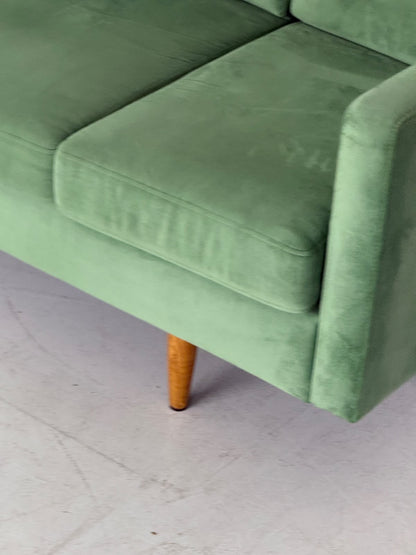 Sage Green Velvet Three-Seater Sofa – 1960s