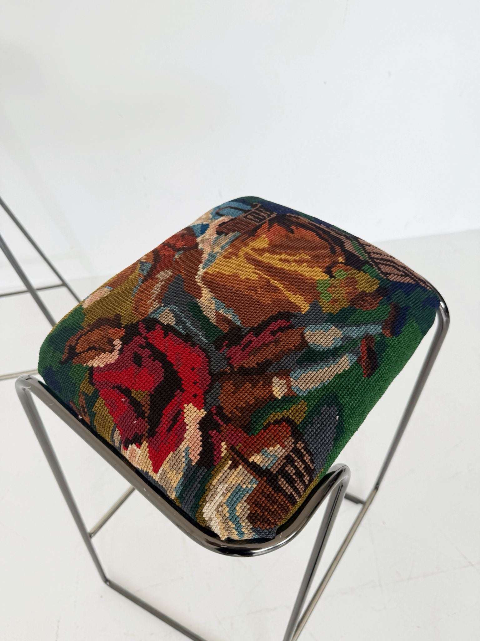 Pair of stools, handcrafted silver metal frame