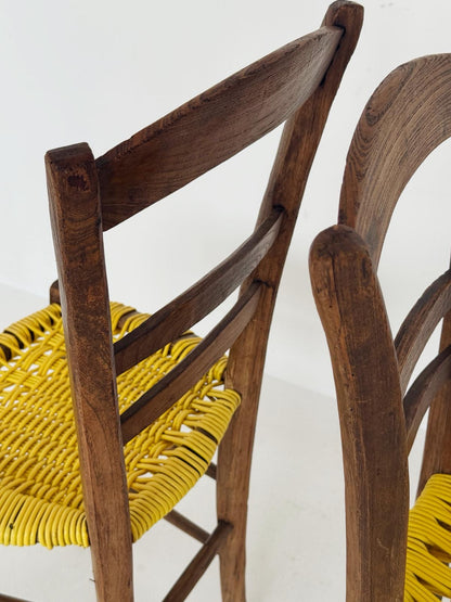 Pair of 1960s wooden chairs with yellow woven seat