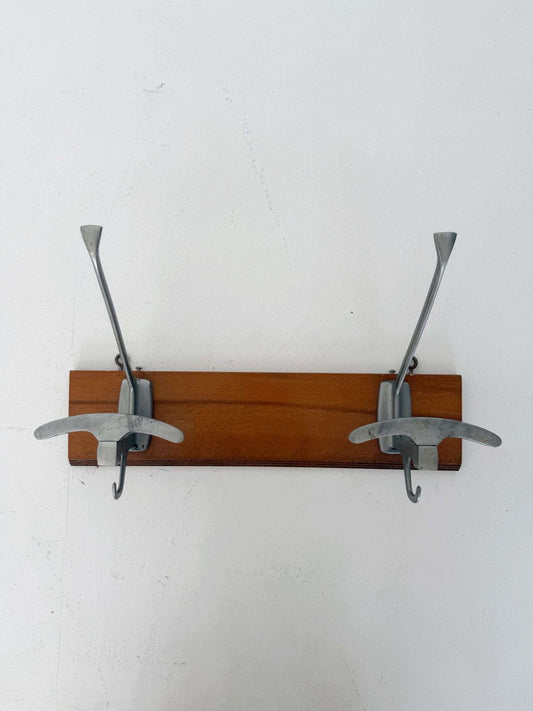 Wooden and aluminum wall coat rack – 1960s