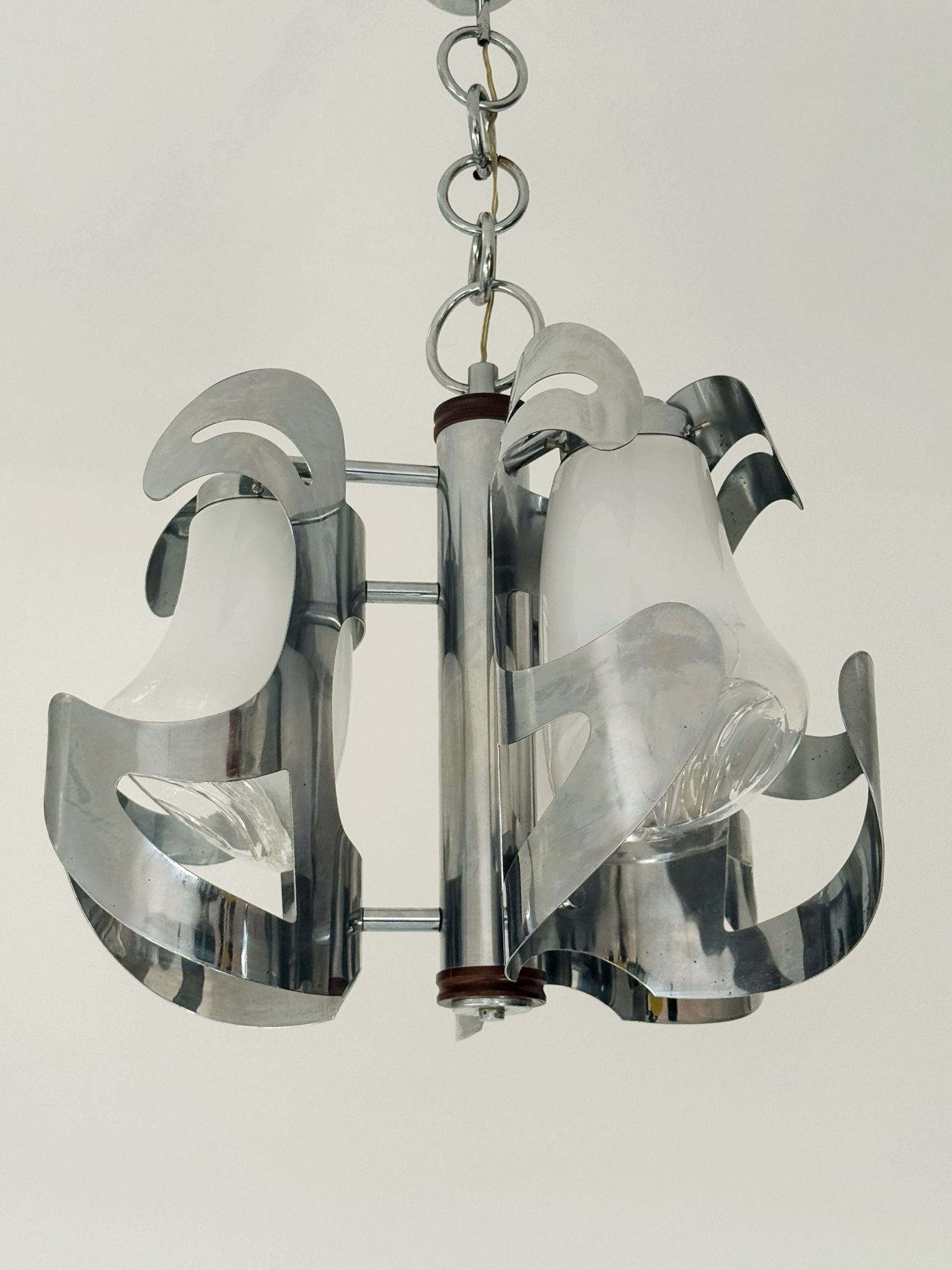 Sculptural glass and chrome-plated metal chandelier, 1970s