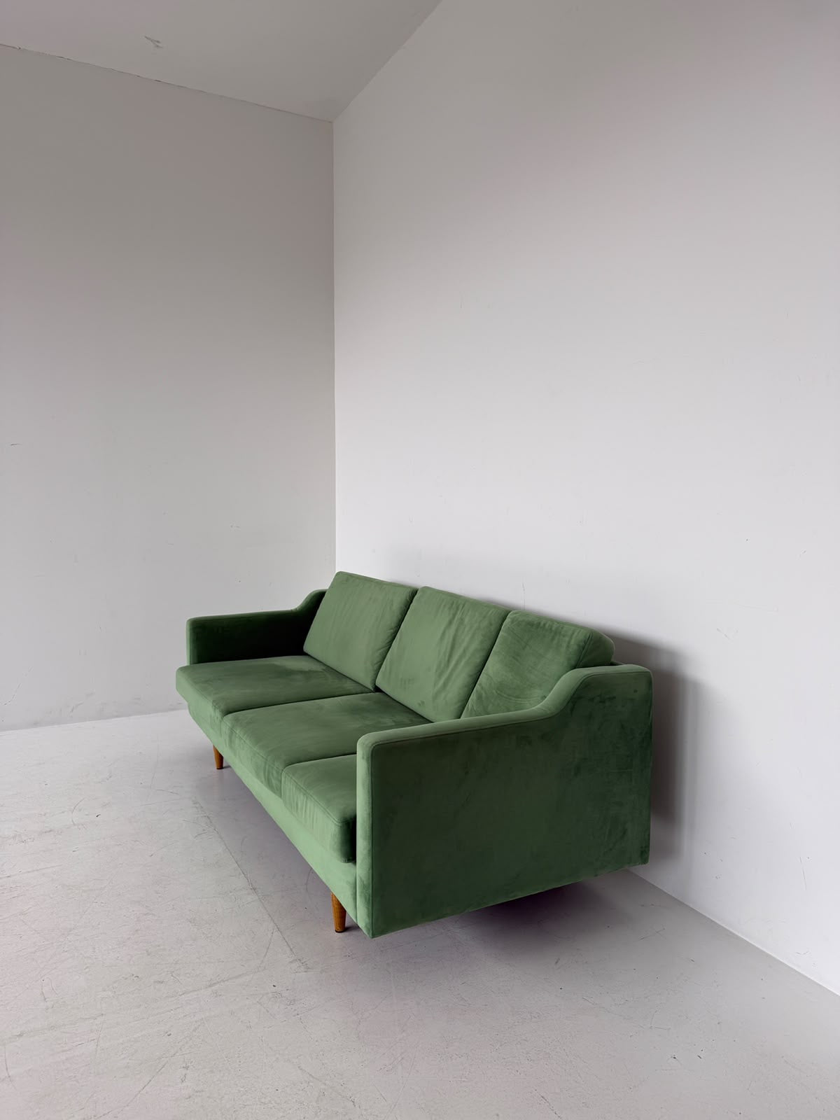 Sage Green Velvet Three-Seater Sofa – 1960s