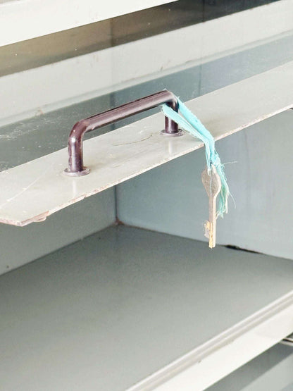 Industrial glass-fronted metal cabinet, 4 tilting doors – 1940s/1950s