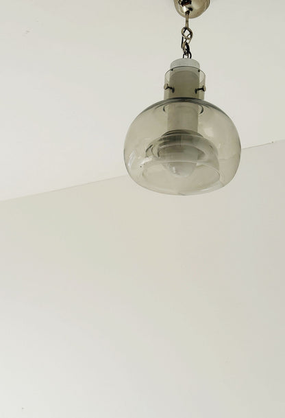 Smoked glass pendant lamp with internal opaline decoration – Italy, 1970s