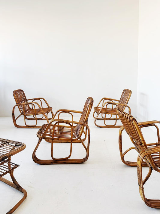 Original 60s rattan lounge set – 4 armchairs + coffee table