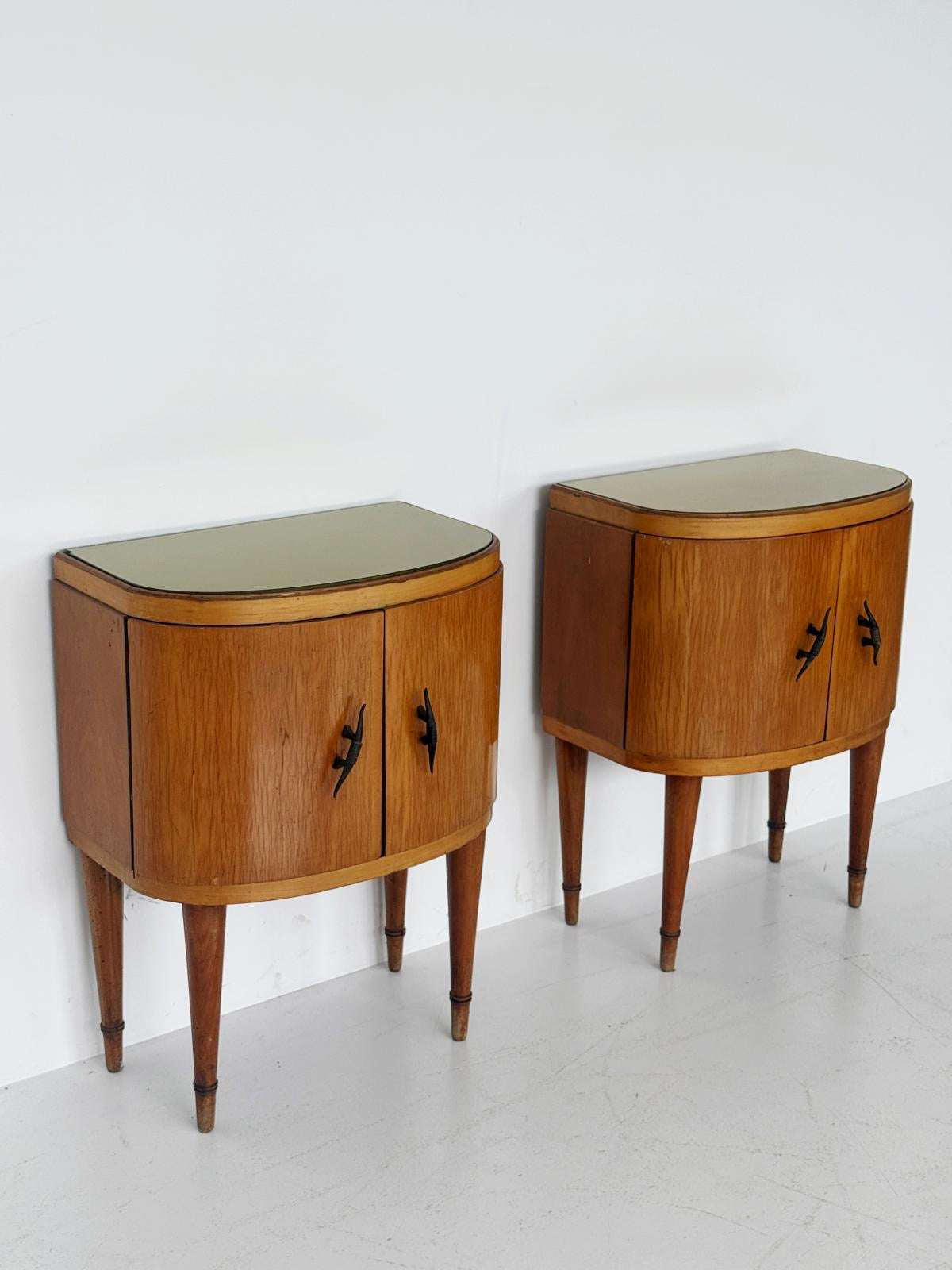 Pair of Curved Nightstands with Glass Tops – Italy, 1950s