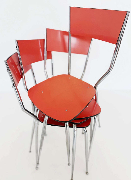 Set of 4 chairs in salmon-colored laminate and chromed metal, Italy, 1970s