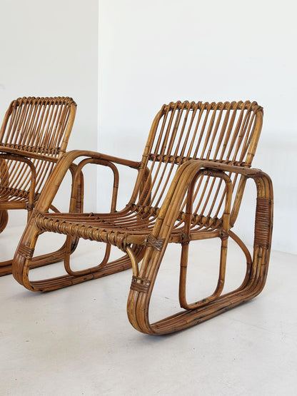 Original 60s rattan lounge set – 4 armchairs + coffee table