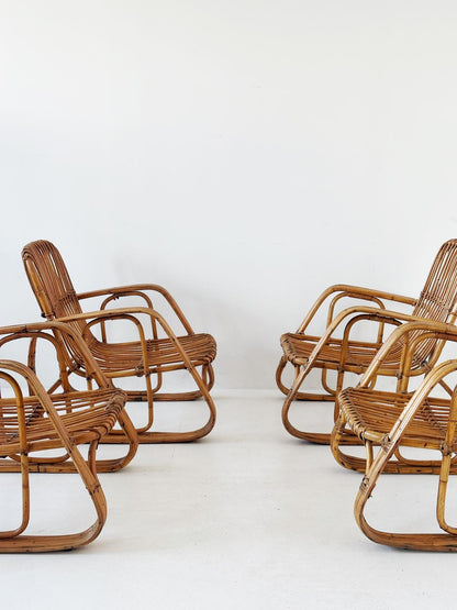 Original 60s rattan lounge set – 4 armchairs + coffee table