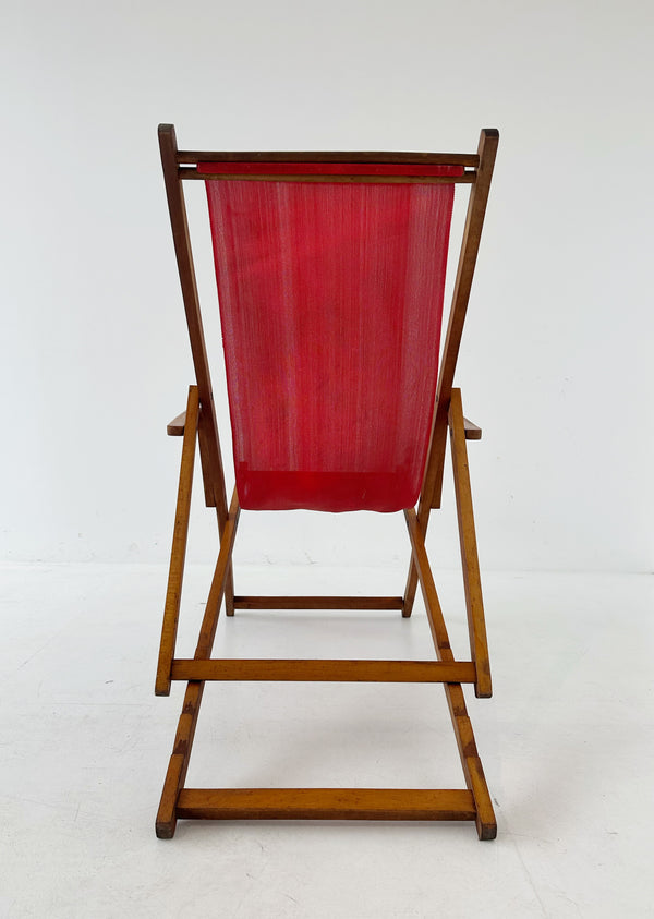 Folding wooden deckchair with plasticized canvas from the 60s