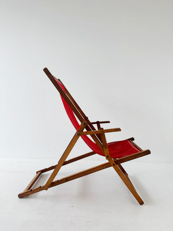 Folding wooden deckchair with plasticized canvas from the 60s