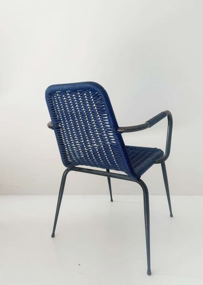Blue woven chair with armrests