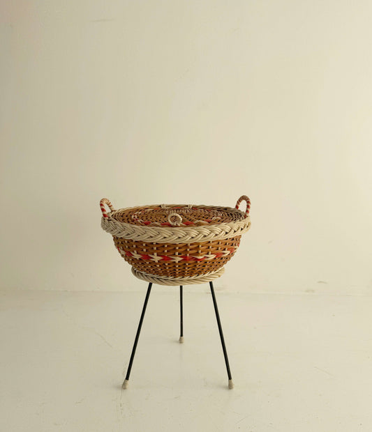 Vintage Corded Plastic Sewing Basket with Metal Frame