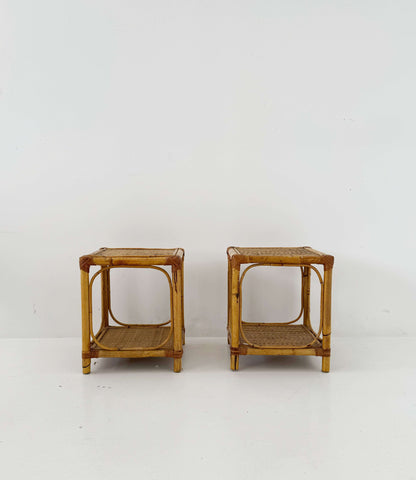 Pair of bamboo and natural woven bedside tables