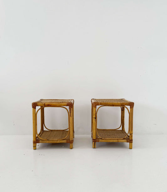 Pair of bamboo and natural woven bedside tables