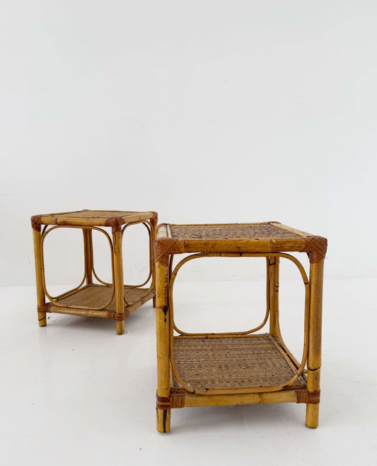 Pair of bamboo and natural woven bedside tables