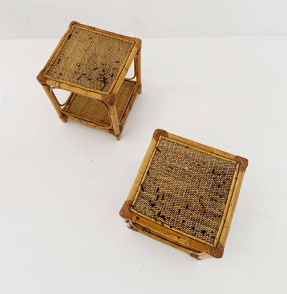 Pair of bamboo and natural woven bedside tables