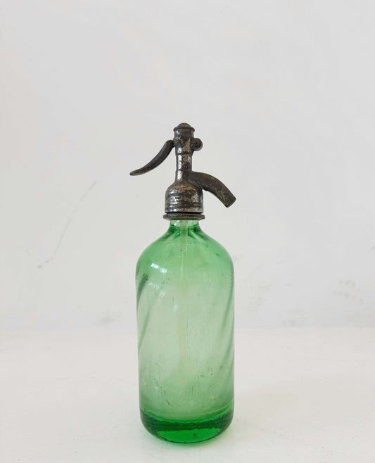 Green glass soda water with metal dispenser – 1960s