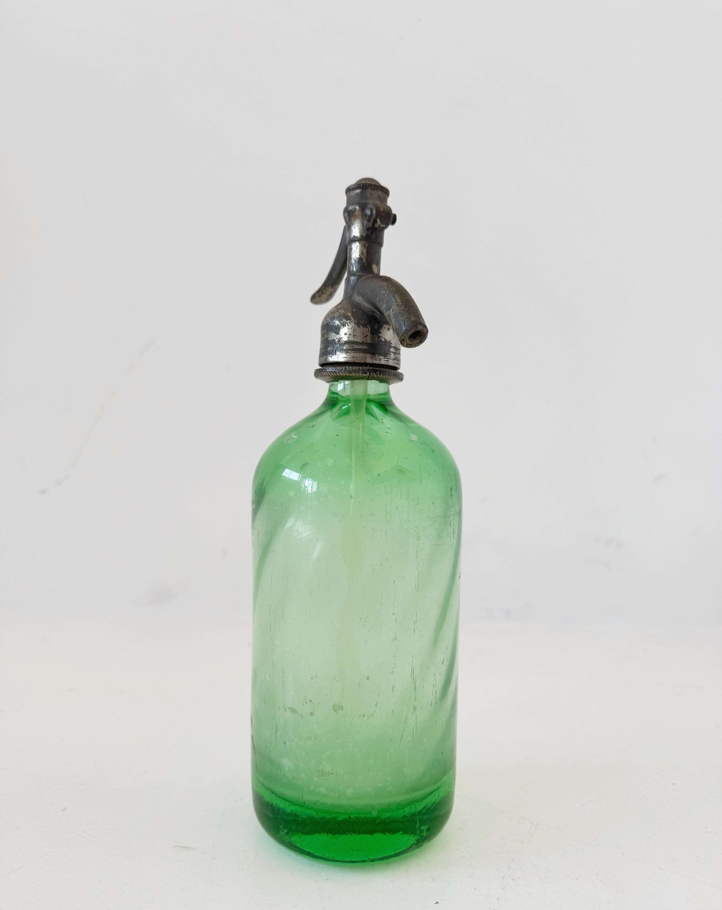 Green glass soda water with metal dispenser – 1960s