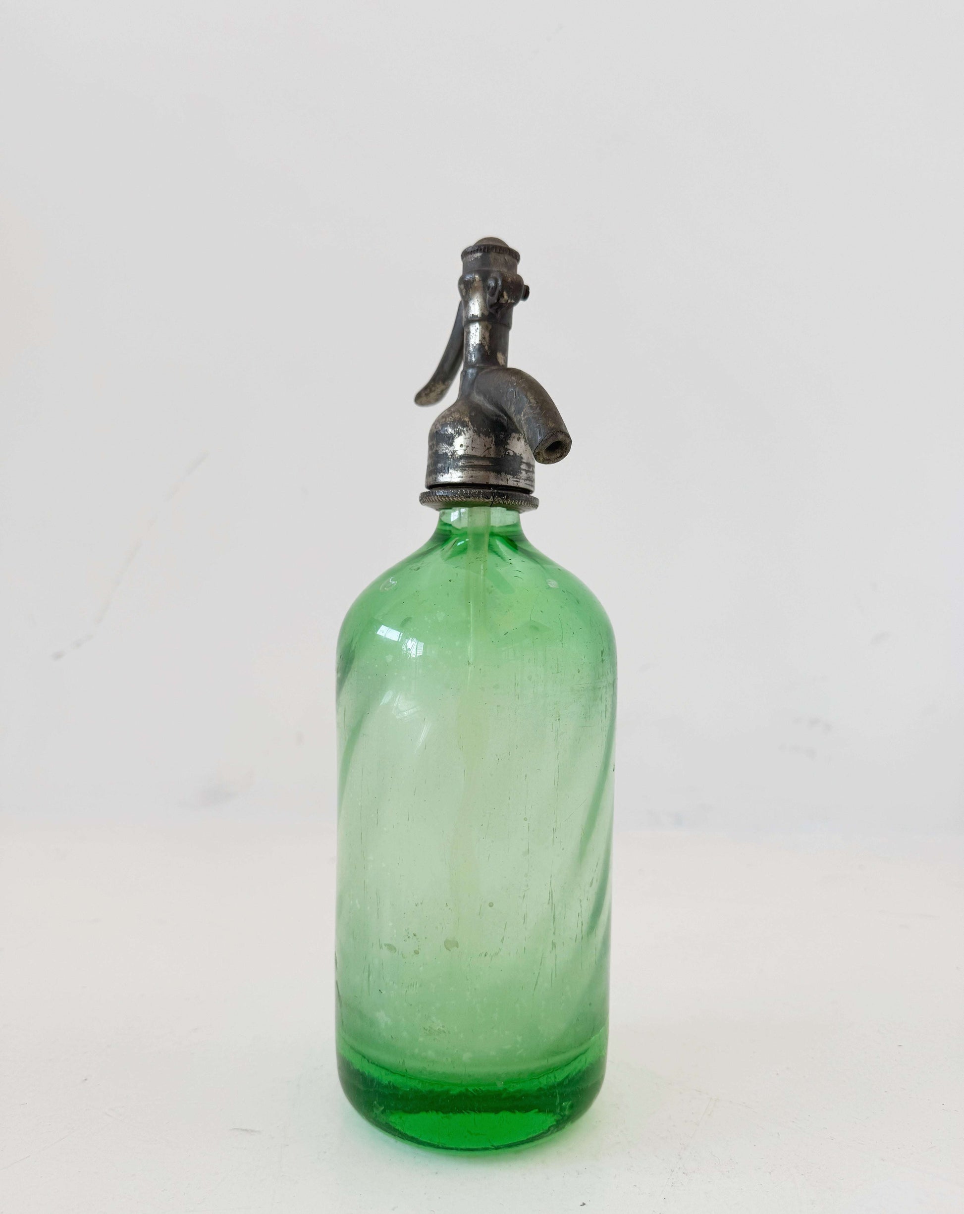 Green glass soda water with metal dispenser – 1960s