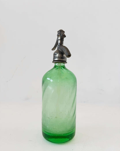 Green glass soda water with metal dispenser – 1960s