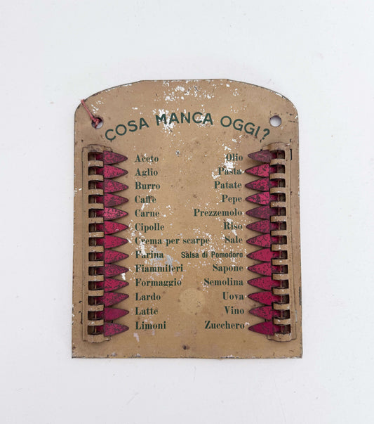 "What's Missing Today?" Tin Kitchen Sign – Italy, 1950s