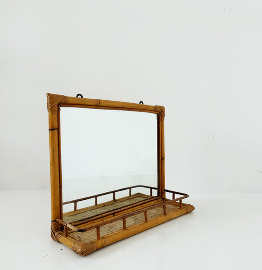 Bamboo and Rattan Wall Mirror with Shelf – 1960s