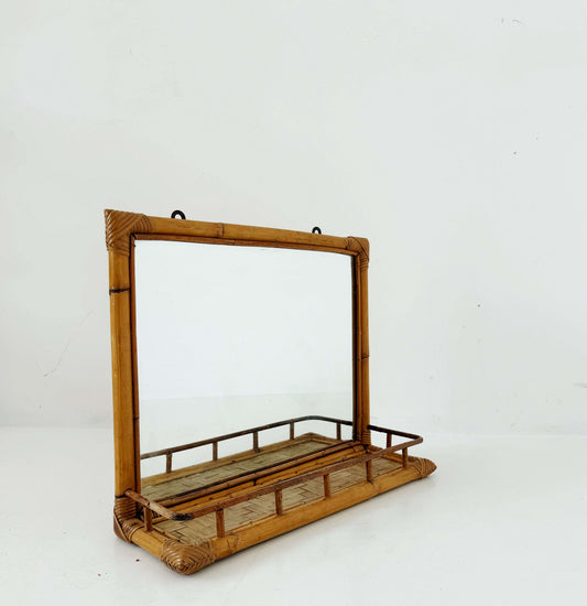 Bamboo and Rattan Wall Mirror with Shelf – 1960s